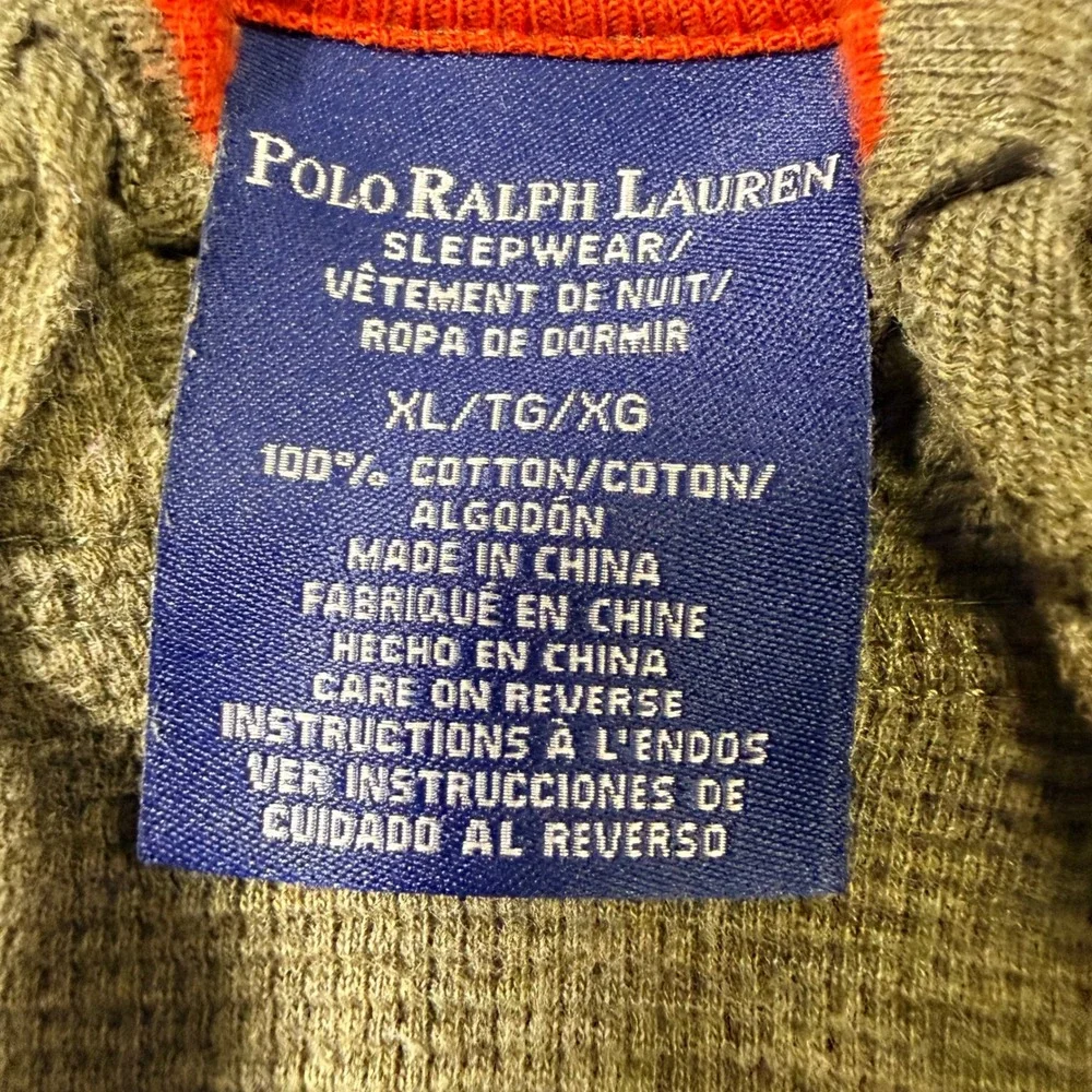 Polo Ralph Lauren Mens XL Olive Green Waffle Knit Thermal Hoodie Orange Trim